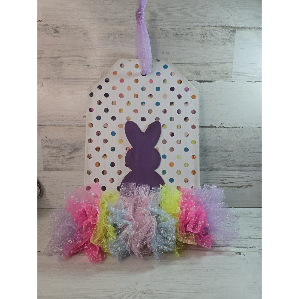 Easter‎ Bunny Wood Tag Wall Hanging Polka Dot Tulle Ruffle Purple White 12x8